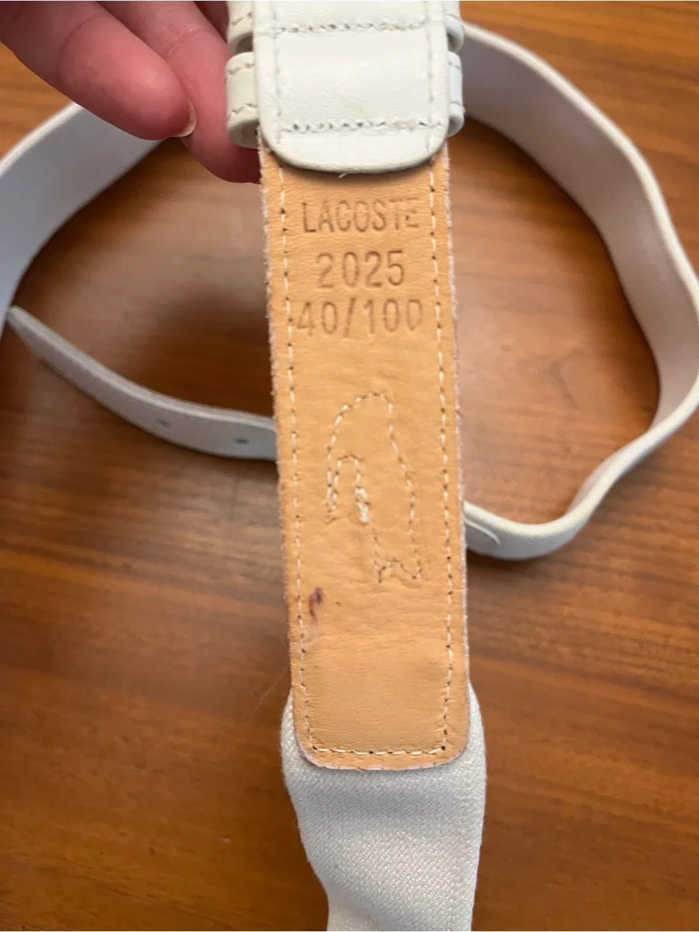 Lacoste White Leather Belt with Embossed Crocodile Detail